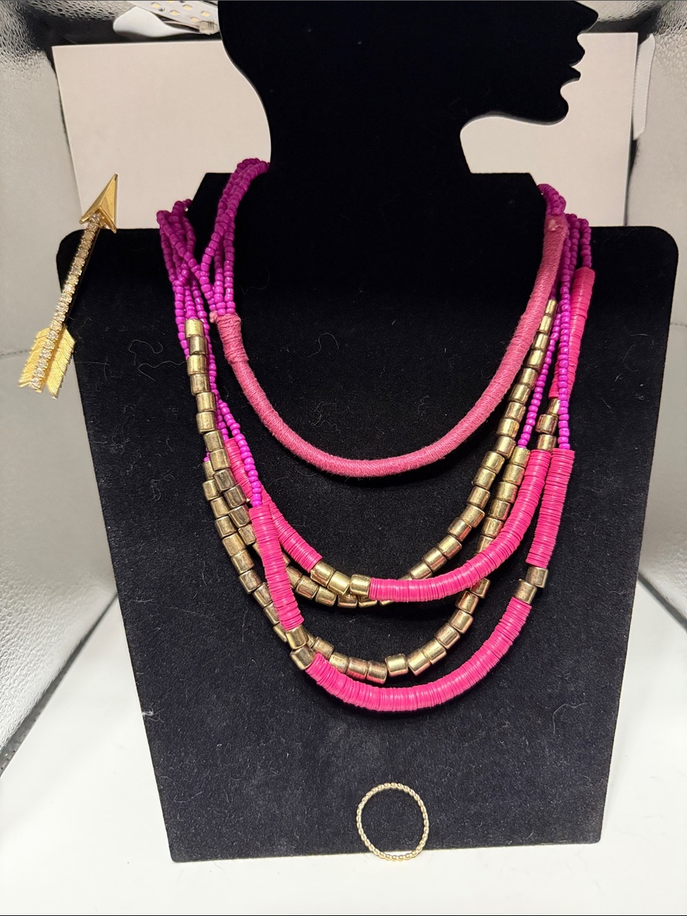 Handmade Fuchsia Multi-Strand Beaded Necklace - Pink and Gold